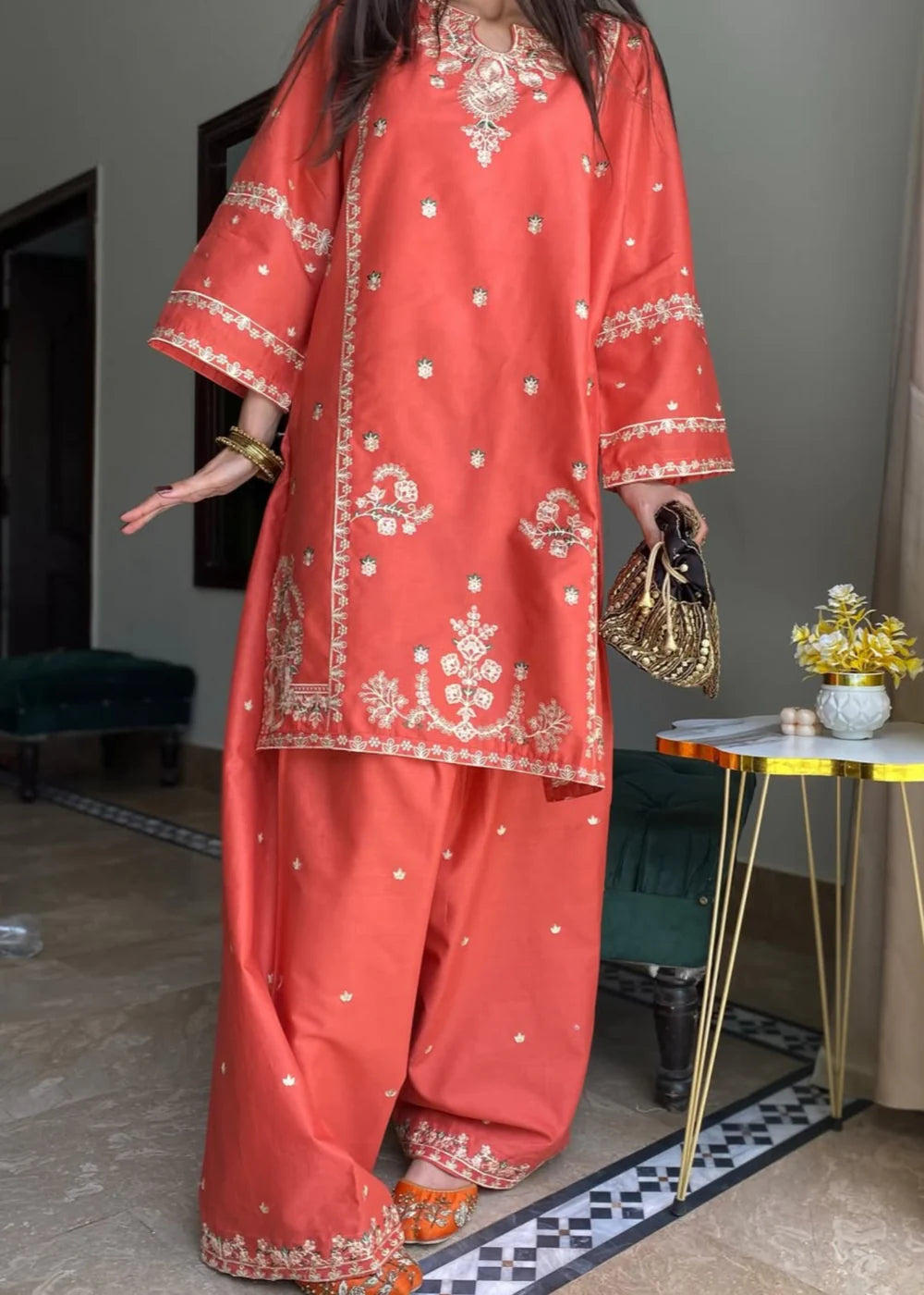 Melon Pink Embroidered 2PCS