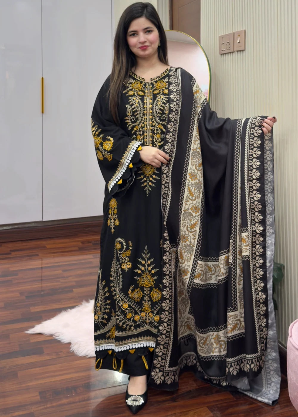 Black Royal Embroidered Shawl 3PCS