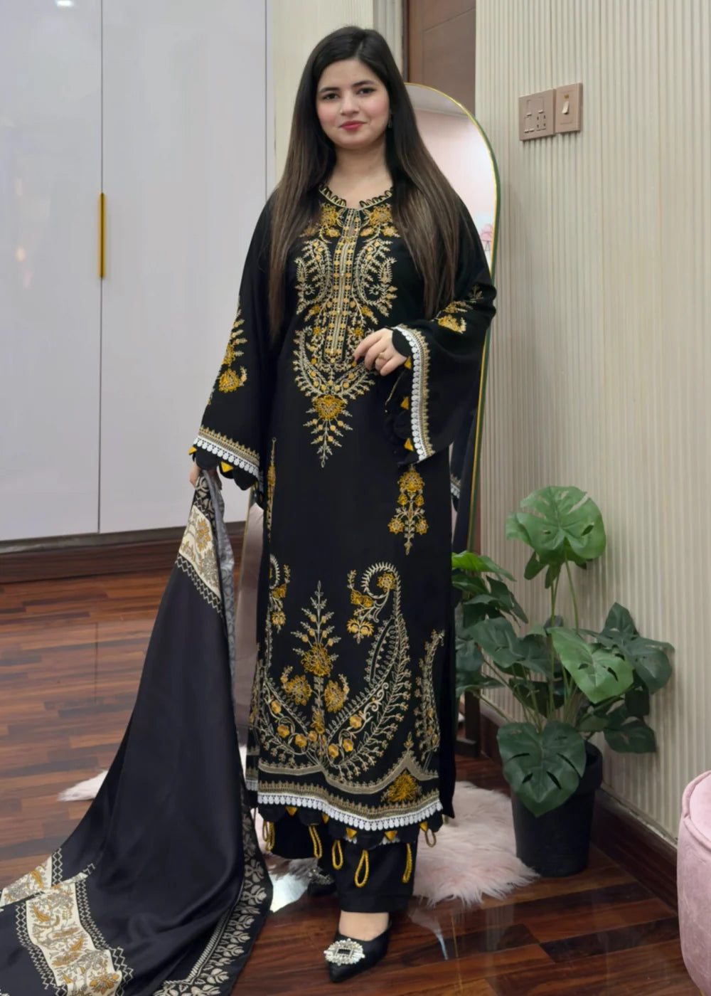 Black Royal Embroidered Shawl 3PCS