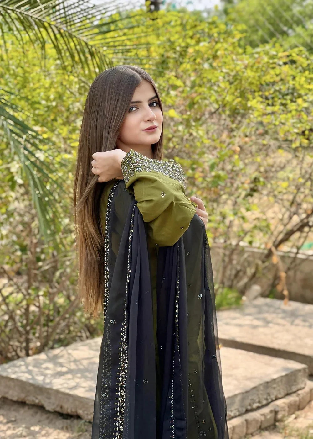 Olive Green Embroidered 3 Piece