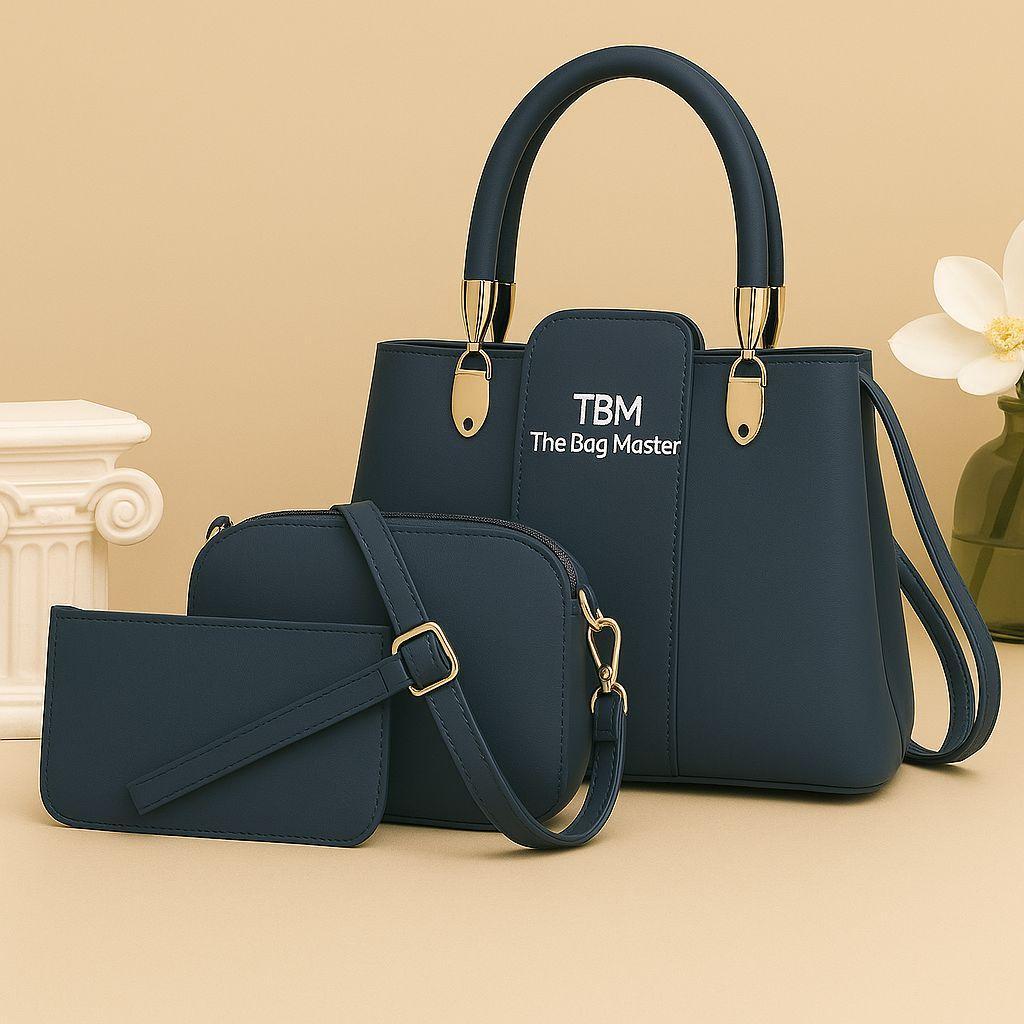 Black Women's Rexine Plain Hand Bag Set