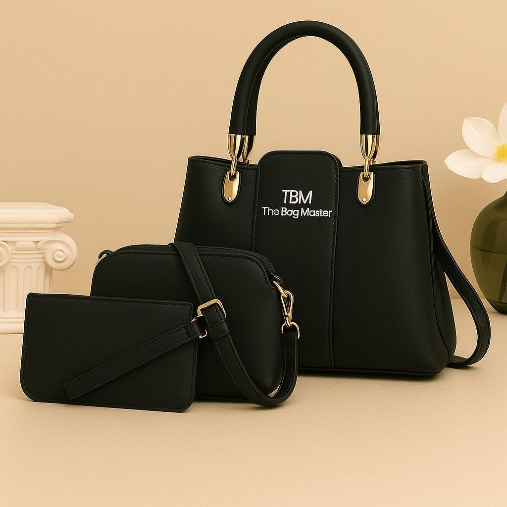 Black Women's Rexine Plain Hand Bag Set